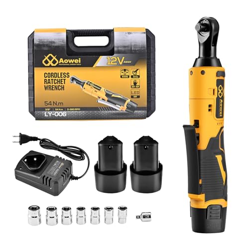 3/8" cordless ratchet wrench Set, Electric Ratchet, 12V Power Ratchet Wrench Set with 2 Batteries & Charger, 40 Ft-lbs Torque,7 Sockets, Variable Speed, Forward/Reverse for Auto Repair & DIY(Yellow) - color: Yellow