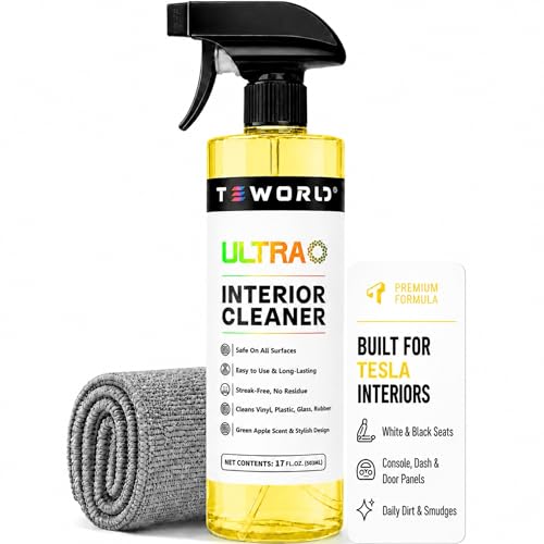 Tesla Seat Cleaner & Stain Remover, Tesla Interior Cleaner for White & Black Vegan Leather | Tesla Model Y Juniper Accessories 2026 & Tesla Model 3 Accessories, S/X/Cybertruck (Apple Y) - color: Yellow w/ Towel