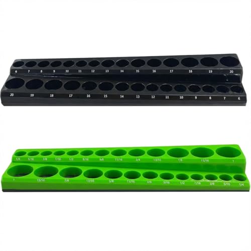 2PCS Magnetic Socket Organizer Set - 3/8 Inch Drive Metric SAE Socket Holder Tool Trays Magnetic Sockets Storage Rail Holds 56 Standard and Deep Sockets for Tool Box Carts Drawer (3/8"-Black&Green) - size: 3/8"-Black&Green
