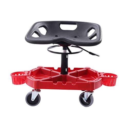 Rolling Garage Stool, 300LBS Capacity Work Seat 20-25inch Height Adjustable Mechanics Stool with Wheels Large Tool Tray with Two Bottle Holder Garage Pneumatic Stool for Workshop Garage