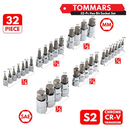 TOMMARS 32-PC Master Allen Hex Bit Socket Set, SAE & Metric | 1/4", 3/8", 1/2" Drive, 5/64 - 3/4 & H2 - H19, S2 Steel - style: Hex Bit Socket Set(32PCS)