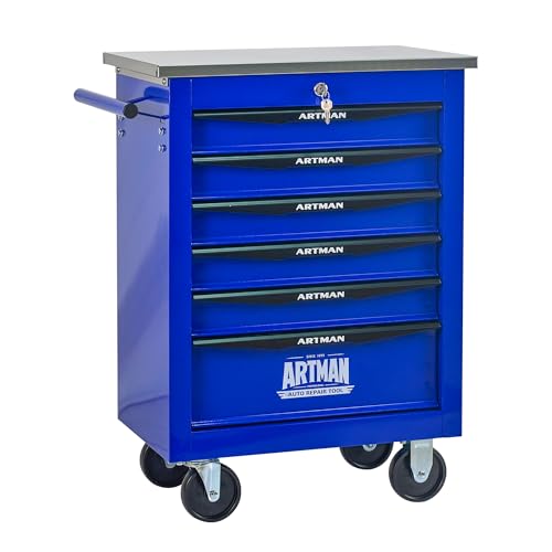 6 Drawers Tool Chest on Wheels, Stainless Steel Countertop Multifunctional Rolling Tool Storage Cart, Drawer Rolling Trolley Organizer Tool Box for Garage,Workshop(6 Drawers-Blue) - color: Blue, size: 6 Drawers 22.2"Wx13.58"Dx30.7"H