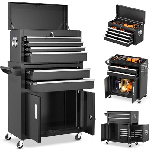 INTERGREAT 8-Drawers Rolling Tool Chest, Assembled Tool Chest with Wheels, Detachable Top Tool Box, Tool Cabinet for Repair Room,Warehouse, Rolling Tool Box with Hooks,Tray Divider,Liners(Black) - color: Black, size: 8 Drawers