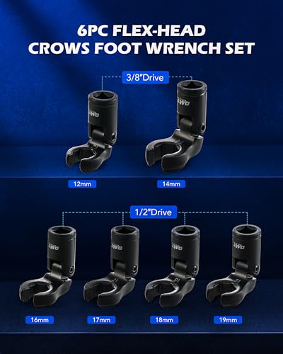 Orion Motor Tech Crows Foot Wrench Set, 6pc Flex Head Crows Foot Line Wrench Set with 1/2" & 3/8" Drive, Metric Crowfoot Wrenches for 12 14 16 17 18 19 mm Nuts with 180° Flexible Head Storage Case