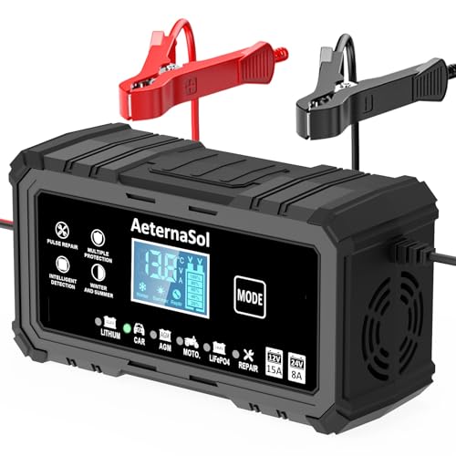 15A Smart Car Battery Charger, 12V/24V Automotive Battery Maintainer & Desulfator Compatible with 12.6V Lithium, LiFePO4, AGM, Gel, Lead-Acid, Trickle Charger for Truck, Motorcycle, RV (Black) - color: Black, size: 12V 15A