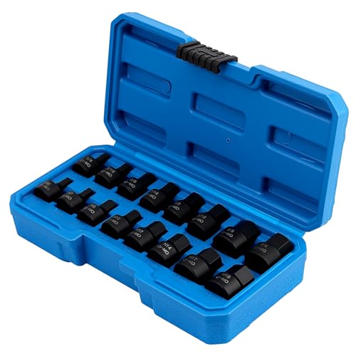 KEILEOHO 16PCS 3/8 Inch Drive Low Profile Impact Hex Driver Set, SAE/Metric Stubby Bit Socket Set (1/4" - 3/4", 6-19mm), Cr-Mo Steel, For Impact Wrench, Automotive, Mechanical Repair