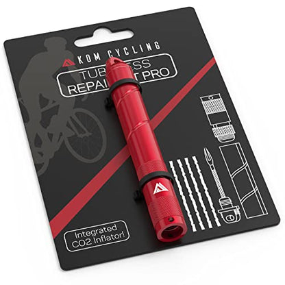KOM Cycling Tubeless Tire Repair Kit for Bikes 8 Colors! Fixes Mountain Bike and Road Bicycle Tire Punctures - color: Red (PRO with CO2 Inflator)