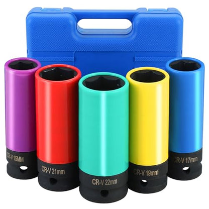 NYXOVA 5PCS 1/2 Inch Drive Impact Lug Nut Socket Set, Ultimate Wheel Protector Impact Socket Set, Non-Marring Thin Wall Wheel Protector Nut Socket(15 17 19 21 22 mm)