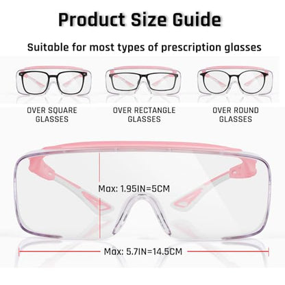 MORK&SUKY Safety Glasses Fit Over Prescription Eyeglasses, ANSI Z87 Certified,Anti-Fog Eye Protection for Men and Women. - color: Pink/White