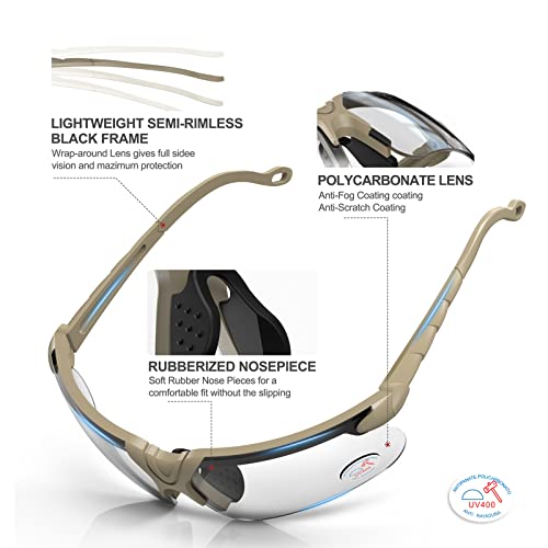 xaegistac Shooting Glasses with Case-Safety Glasses Anti Fog | Z87.1 Certificated Impact Resistance Safety Glasses for Hunting Shooting Sports - color: Clear Lens-khaki Frame