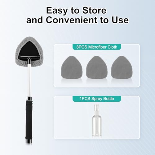 JUSTTOP Windshield Cleaner Tool, Car Interior and Exterior Window Cleaning Kit with Extendable Handle & 4 Reusable Microfiber Pads, Auto Glass Wiper Brush Kit for Car & Home Windows (Grey) - color: Gray