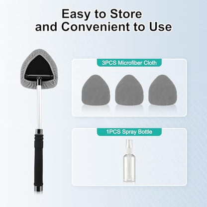 JUSTTOP Windshield Cleaner Tool, Car Interior and Exterior Window Cleaning Kit with Extendable Handle & 4 Reusable Microfiber Pads, Auto Glass Wiper Brush Kit for Car & Home Windows (Grey) - color: Gray