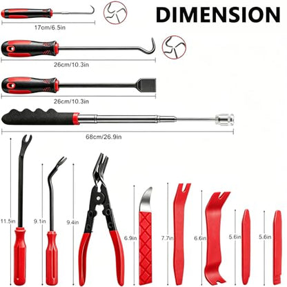 DWH 18 Pcs Precision Pick and Hooks Set, Auto Body Tool Kit with Scraper Telescoping Magnetic Pickup Tool Panel Clip Plier Fastener Remover, Metal Plastic Trim Tools, Automotive Mechanic Bag - color: red