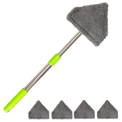 Car Windshield Squeegee Cleaning Tool - Vehicle Window Cleaner with 4 Reusable Washable Microfiber Pads, Telescoping Handle (13" - 16.7"), 180° Rotatable for Both Interior and Exterior Car Glass.