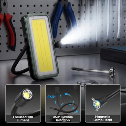 1-Pack LED Rechargeable Work Light with Flexible Gooseneck Light, 750LM Portable Magnetic Light with Stepless Dimming & 6 Lighting Modes, Magnet, Hook & Clip for Car Repair, Camping, Emergency