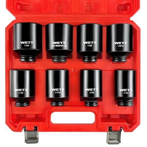 WETT 1/2" Drive Deep Large Impact Socket Set, 8-Piece Spindle Axle Nut Large Sockets Set, Standard SAE 6 Point Wheel Wrench Sockets, CR-V Steel, (1-1/4-Inch-1-3/4-Inch) - size: 1-1/4"-1-3/4" (8pc)