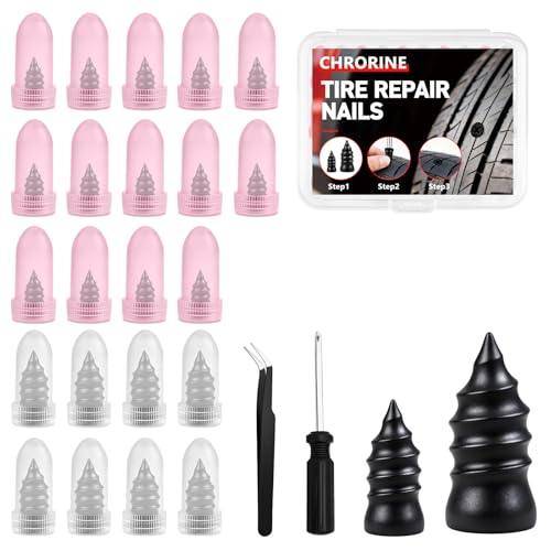 CHRORINE 30 Pcs Tire Repair Rubber Nail 2 Sizes Vacuum Tire Repair Kits Screw in Tire Plugs Suitable for Repairing Tires of Cars Motorcycles Trucks and Tractors