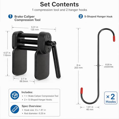 QWORK Brake Caliper Tool Kit, Heavy Duty Disc Brake Pad Spreader & Piston Compressor, 2 PCS Brake Caliper Hanger Hooks for Braking, Bearing, Suspension Work