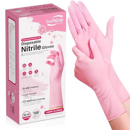 SwiftGrip Disposable Nitrile Dishwashing Gloves, Extended 12 Inches Cuff, 6-mil, Cherry Blossom Cleaning Gloves, Latex-Free - size: Large