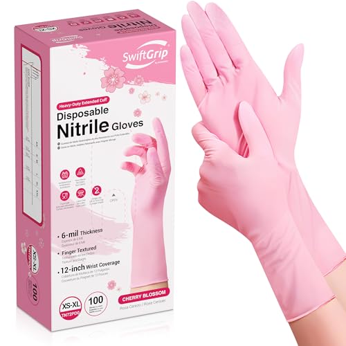 SwiftGrip Disposable Nitrile Dishwashing Gloves, Extended 12 Inches Cuff, 6-mil, Cherry Blossom Cleaning Gloves, Latex-Free - size: Large