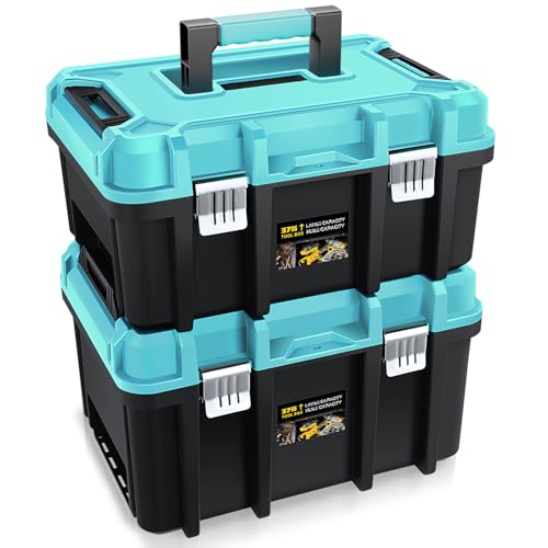 Auto Dynasty 17-Inch Tool Box, 2Pcs Toolboxes Organizer Storage with Removable Tray and Portable Handle for Garage Workshop Home Office Car Trunk, Blue - color: Blue