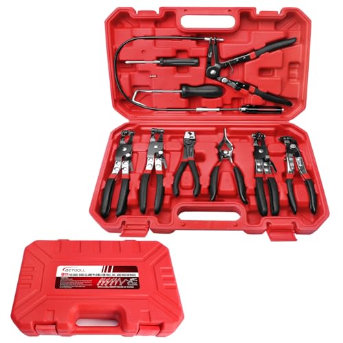 BETOOLL 9pc Hose Clamp Pliers, Professional Automotive with Flexible Wire Long Reach, Clic R Type Swivel Jaw and Flat Band Pliers for Coolant Radiator Heater/Water Hose (Red/Black) - color: Black