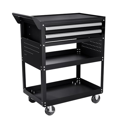 VEVOR 5-Tier Tool Cart with Wheels, 400 lbs Load Capacity, Rolling Work Cart with 2 Drawers & Pegboard, Mechanic Tool Storage Organizer with Locking System for Garage, Warehouse and Repair Shop, Black - style: 5-Tier-400 lbs with 2 Drawers