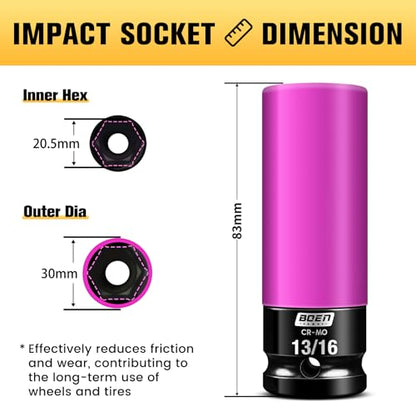 BOEN 1/2" Drive 13/16" Wheel Protector Impact Socket, Non-Marring Lug Nut Thin Wall Deep Socket Set, Chrome-Molybdenum Steel, 6 Point, Color-Coded Protective Socket - size: 13/16