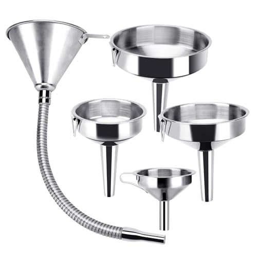 5 Pcs Stainless Steel Flexible Oil Funnel with Hose and Filter | Bendable Spout Funnel for Oil Fluids Change, Universal Priming Funnel for All Oils, Long Funnels for Transmission Fluid