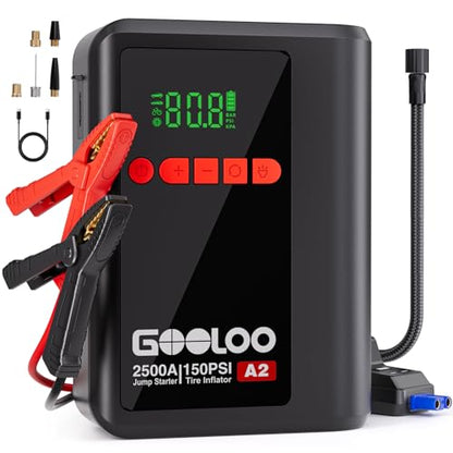 GOOLOO A2 Jump Starter with Air Compressor (2000A & 150 PSI) - 12V Vehicle | Supersafe Battery Jumper Starter Portable - Jump Box- Auto-Shutoff Tire Inflator - LED Light - For Up to 8L Gas/6L Diesel