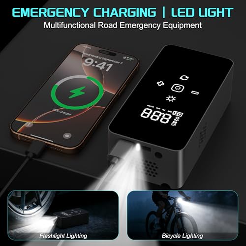 Portable Air Compressor Tire Inflator with Digital Pressure Gauge, LED Lights & Auto Shut-Off Function, Cordless Tire Air Pump with 12V DC Car Plug for Car, Motorcycle, Bicycle, Ball