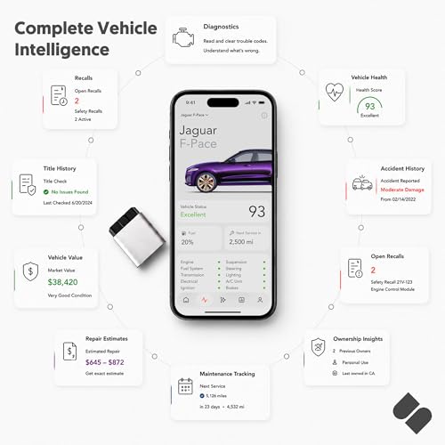 OBD2 Scanner for iPhone/iOS, Bluetooth Vehicle Diagnostics, No Subscription | Vehicle Insights with plain-English diagnostics, repair estimates, recall alerts, title history and vehicle health reports