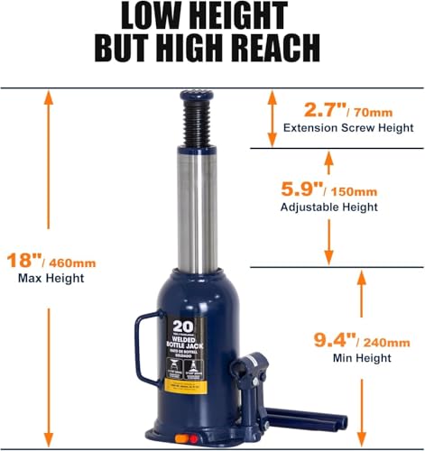20 Ton Hydraulic Bottle Jack, 40,000 LBS Heavy Duty Welded Steel Auto Lift Jack with Adjustable Height, Overload Protection, Leak-Free Pump, for Truck, RV, Industrial and Garage Use, Blue - color: Yellow