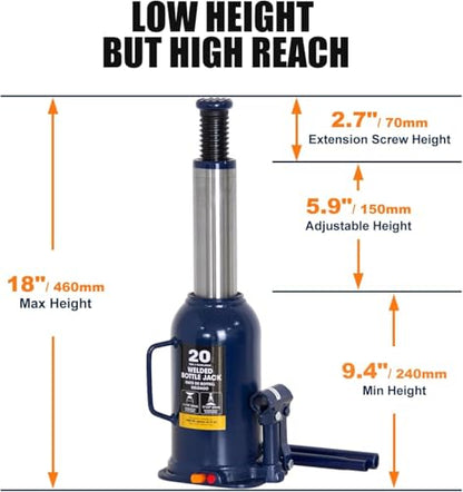 20 Ton Hydraulic Bottle Jack, 40,000 LBS Heavy Duty Welded Steel Auto Lift Jack with Adjustable Height, Overload Protection, Leak-Free Pump, for Truck, RV, Industrial and Garage Use, Blue - color: Yellow