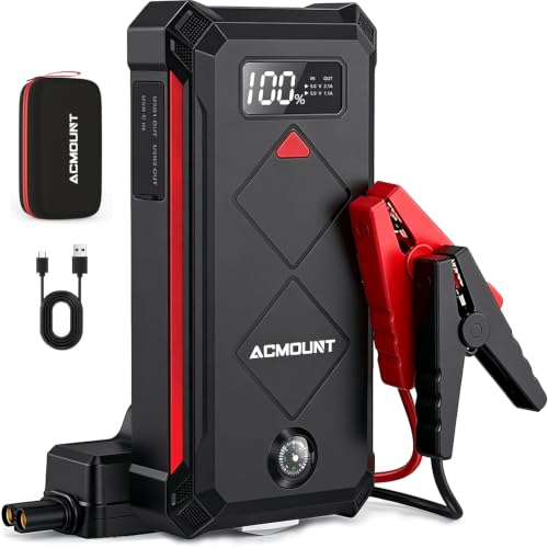 Acmount P100 Car Jump Starter, 5000A Peak Lithium Jump Starter Battery Pack for Up to 10.0L Gas or 8.0L Diesel Engine, Safe 12V Portable Battery Starter Power Pack with LED Screen & LED Light - color: red