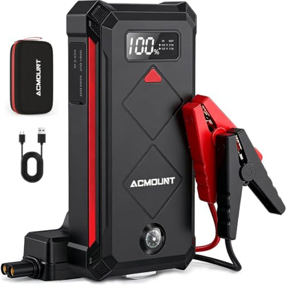 Acmount P100 Car Jump Starter, 5000A Peak Lithium Jump Starter Battery Pack for Up to 10.0L Gas or 8.0L Diesel Engine, Safe 12V Portable Battery Starter Power Pack with LED Screen & LED Light - color: red