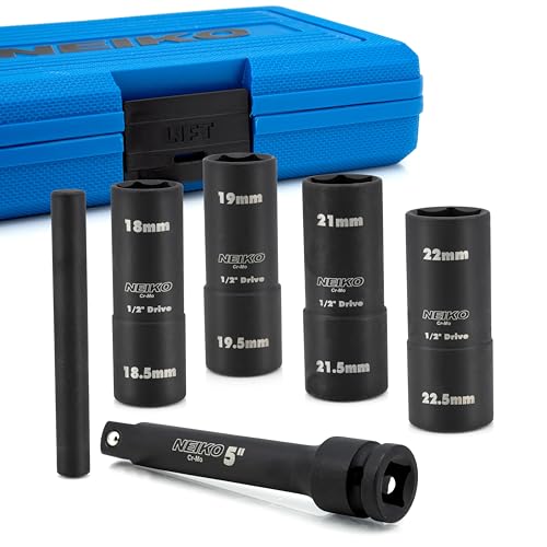 NEIKO 02290B Lug Nut Socket Set, 1/2” Impact Thin Wall Flip Socket Set, Half Size Wheel Socket Set, Metric 6 Point, 5" Extension Bar & Knockout Bar, 18.5mm, 19.5mm, 21.5mm, and 22.5mm - size: 6 Piece, Half Size Set, style: Flip Socket