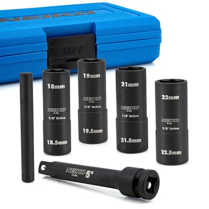 NEIKO 02290B Lug Nut Socket Set, 1/2” Impact Thin Wall Flip Socket Set, Half Size Wheel Socket Set, Metric 6 Point, 5" Extension Bar & Knockout Bar, 18.5mm, 19.5mm, 21.5mm, and 22.5mm - size: 6 Piece, Half Size Set, style: Flip Socket