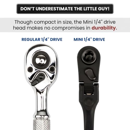 1/4" Drive Dual Flex Head Ratchet & Bit Driver – 6-inch long, 72-Tooth, 5° Swing Arc, High Torque, Chrome Vanadium Steel - size: 1/4" Drive Dual Flex Head Ratchet