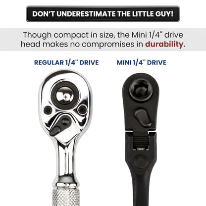 1/4" Drive Dual Flex Head Ratchet & Bit Driver – 6-inch long, 72-Tooth, 5° Swing Arc, High Torque, Chrome Vanadium Steel - size: 1/4" Drive Dual Flex Head Ratchet