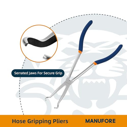 MANUFORE 3PCS 11-Inch Long Reach Hose Gripper Removal Pliers Set | 3-Piece Set, 3/8", 1/2", 3/4" Serrated Ring Jaw, Comfort Grip for Better Control, High Carbon Steel, for Various Hose