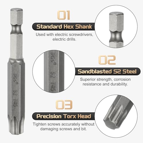 HARFINGTON 3pcs T45 Torx Head Screwdriver Bit 1/4" Hex Shank 2.6" (65mm) Long Magnetic No Hole Tip Tamper Proof 6 Point Star Screw Driver Drill Bits S2 Steel Industrial Power Screwdrivers - size: T45 x 2.6"(65mm)