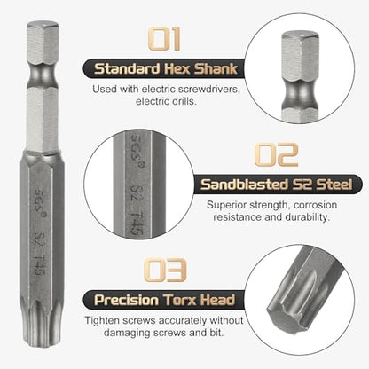 HARFINGTON 3pcs T45 Torx Head Screwdriver Bit 1/4" Hex Shank 2.6" (65mm) Long Magnetic No Hole Tip Tamper Proof 6 Point Star Screw Driver Drill Bits S2 Steel Industrial Power Screwdrivers - size: T45 x 2.6"(65mm)