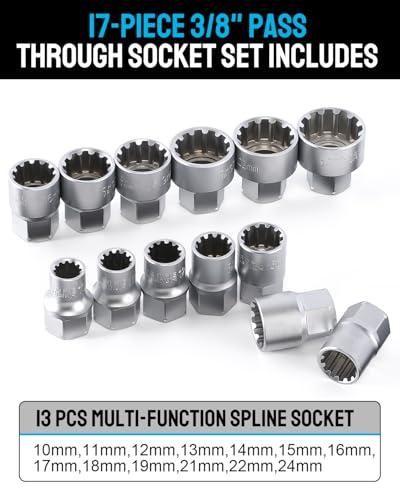 3/8” & 1/2” Drive Pass Through Socket Set, 17-Piece Metric Go-Thru Ratchet Kit, Low Profile for Long Bolts & Tight Spaces, Includes Extension Bar & Adapters, Cr-V Steel - size: 17 Pcs