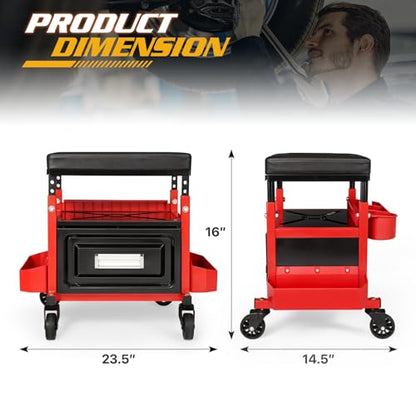 Magshion Rolling Garage Stool with Built-in Toolbox & Holder – 350 Lbs Capacity Padded Mechanic Seat with Wheels for Workshop, Auto Repair & Shop Use (Red)