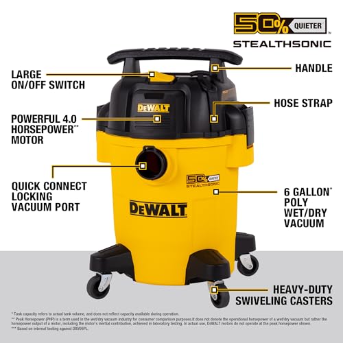 DEWALT 6 Gallon STEALTHSONIC Shop Vacuum Wet and Dry DXV06PL-QT, Ultra Quiet 4 Peak HP Wet Dry Vac for Jobsite & Workshop - size: 6 gallon