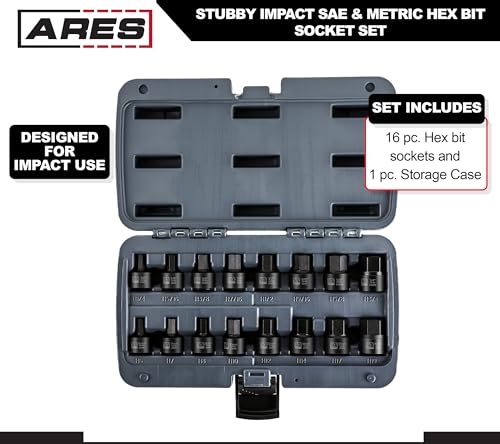 ARES 23021 16-Piece Stubby Impact SAE and Metric Hex Bit Socket Set | Chrome Moly Steel Construction and Manganese Phosphate Coating; Includes Storage Case - size: Stubby SAE and Metric Impact Hex Driver Set