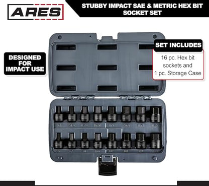 ARES 23021 16-Piece Stubby Impact SAE and Metric Hex Bit Socket Set | Chrome Moly Steel Construction and Manganese Phosphate Coating; Includes Storage Case - size: Stubby SAE and Metric Impact Hex Driver Set