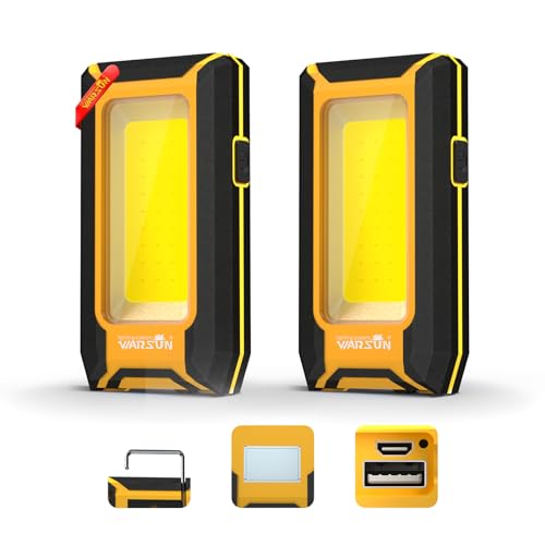 WARSUN 2 PC LED Rechargeable Work Light, Magnetic COB Portable Worklights, 40w 1500 Lumens, Metal Hanging Hook 3 Lighting Modes, Job Site Lighting for Car Repairing, Camping,Hunting Repairing,Yellow - color: Yellow+Yellow