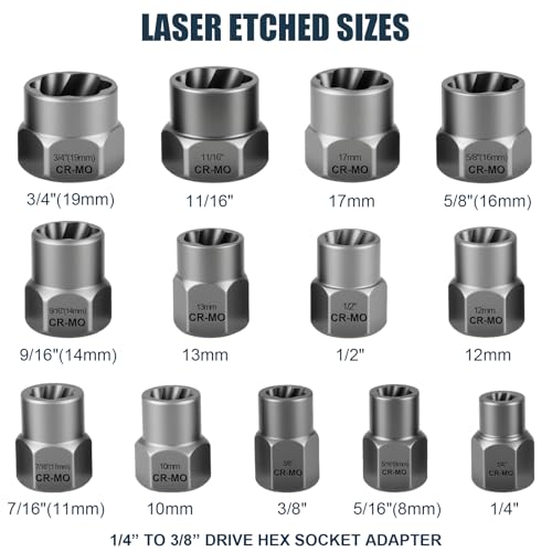 Bolt Extractor Kit, 14Pcs Cr-Mo Steel Bolt Extractor Set, 3/8" Drive Impact Bolt & Nut Remover Socket Tool Kit, Stripped For Damaged, Frozen, Studs, Rusted, Rounded-Off Bolts, Nuts & Screws